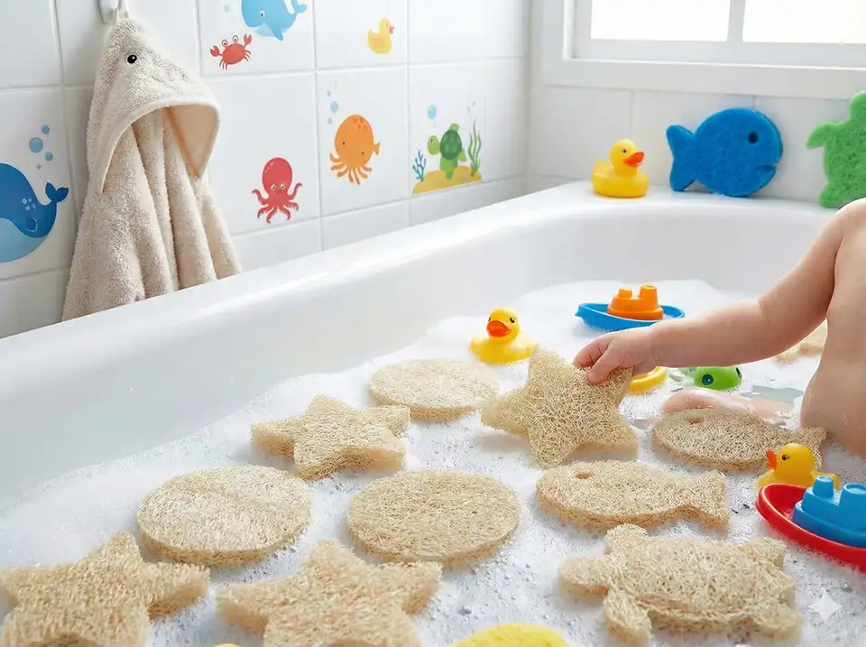 Loofah pieces cut into stars, circles, animals shapes making bath time fun and engaging for children