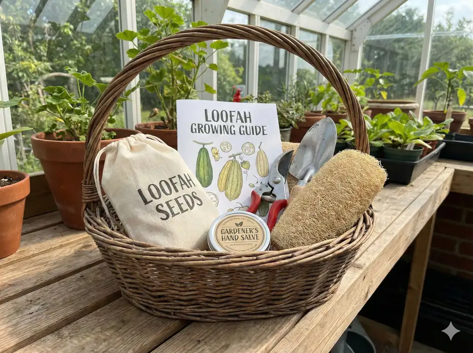 Gardener's gift basket with loofah seeds, planting supplies, and growing guides