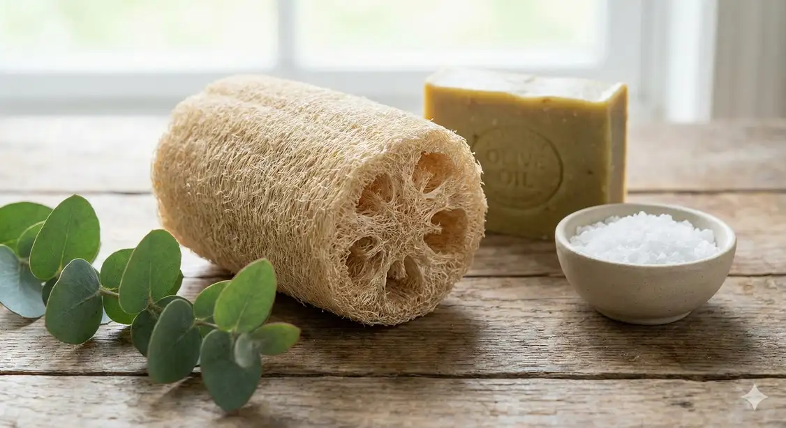 Extra soft fine loofah cut into child-size piece shown against child's arm demonstrating gentleness