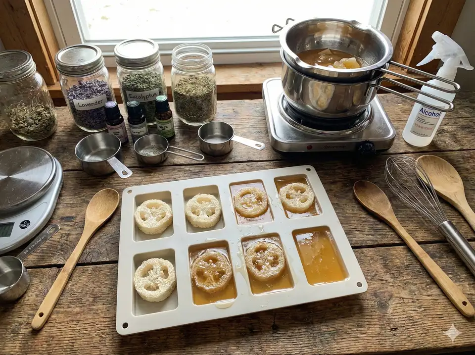 Crafting loofah soap bars at home with molds and supplies
