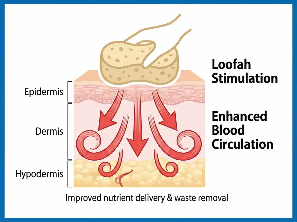 Medical-style infographic showing skin layers with enhanced blood circulation from loofah stimulation