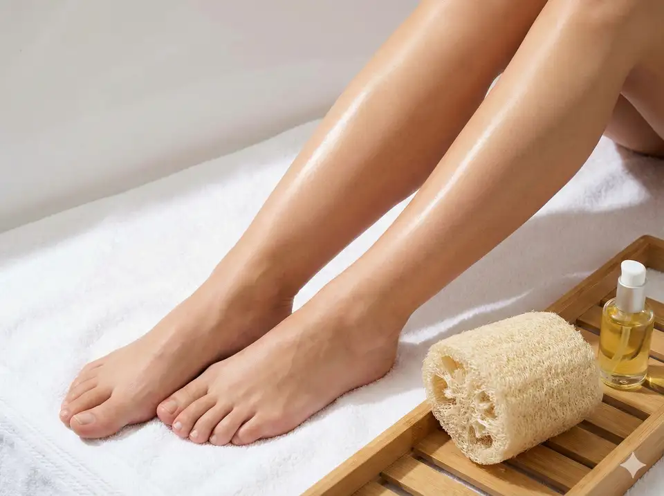 Clean smooth legs after shaving with loofah nearby demonstrating bump-free skin from regular exfoliation