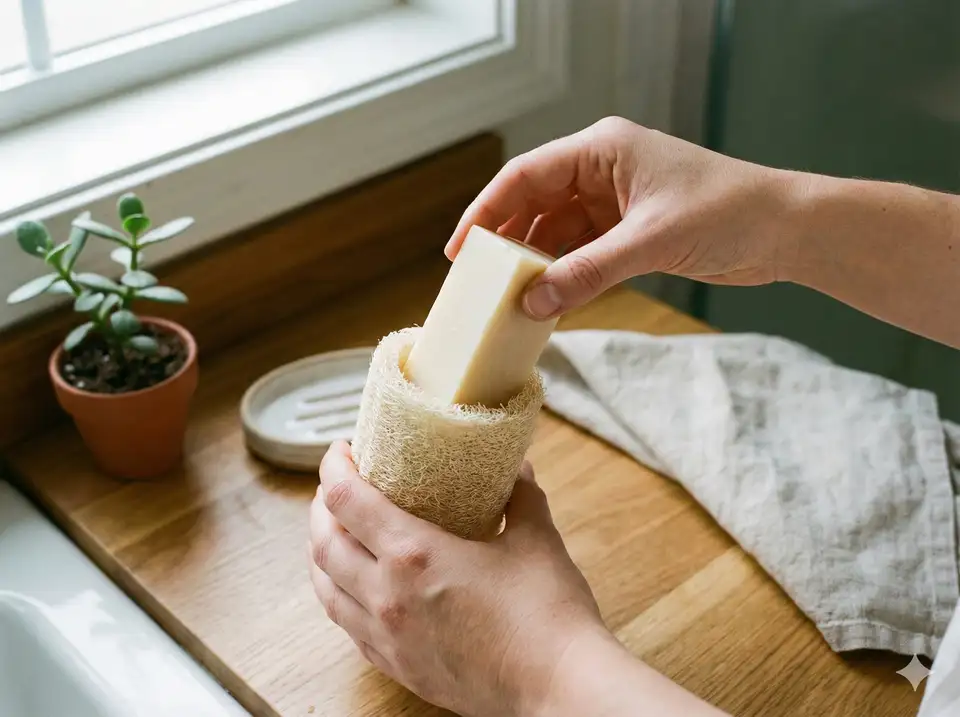 Placing bar soap into loofah dispenser cavity