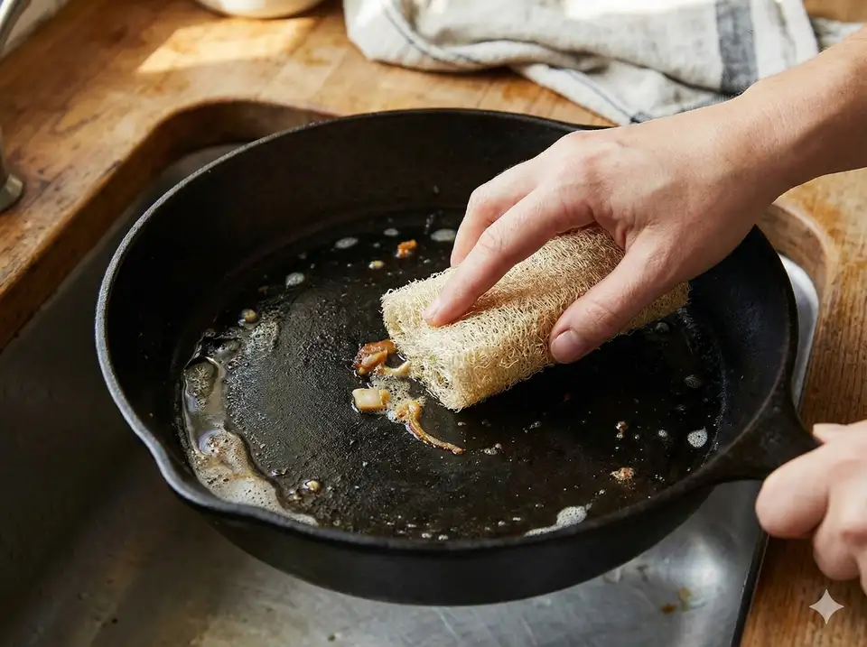 Safely scrubbing cast iron skillet with loofah without damage