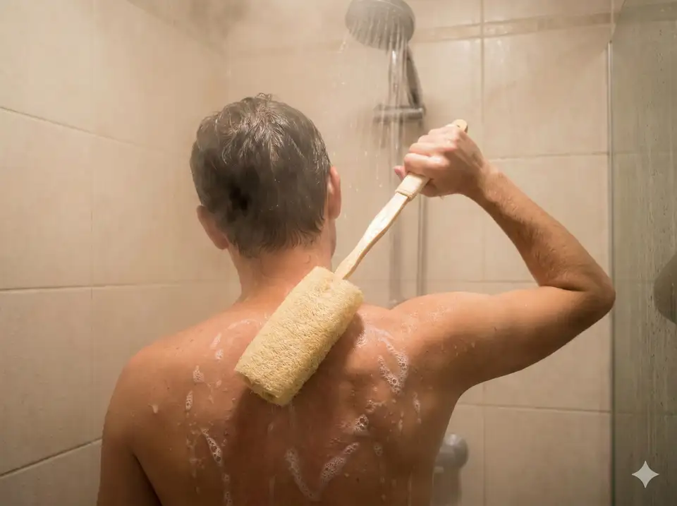 Person using long-handled loofah back strap to exfoliate hard-to-reach back area in shower
