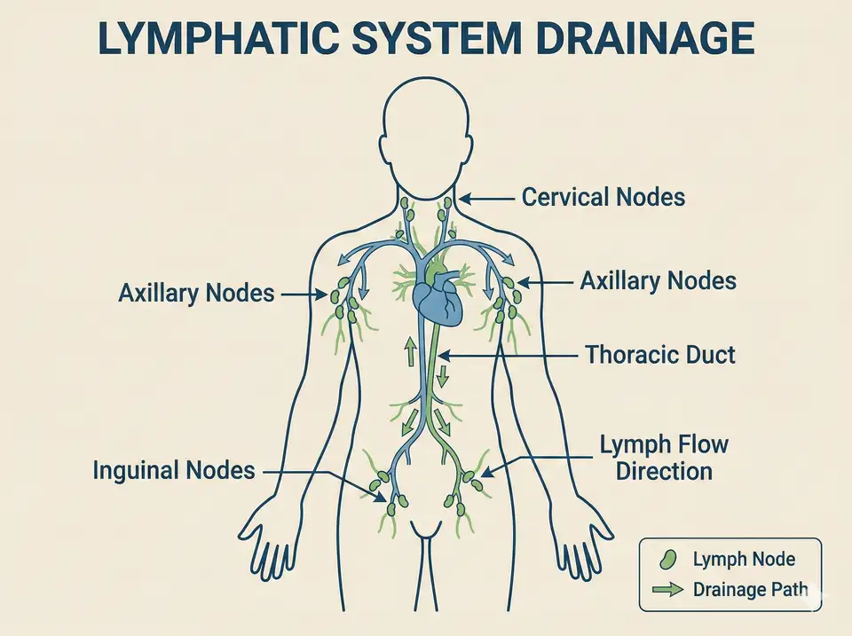 Anatomical illustration of lymphatic system with drainage pathways
