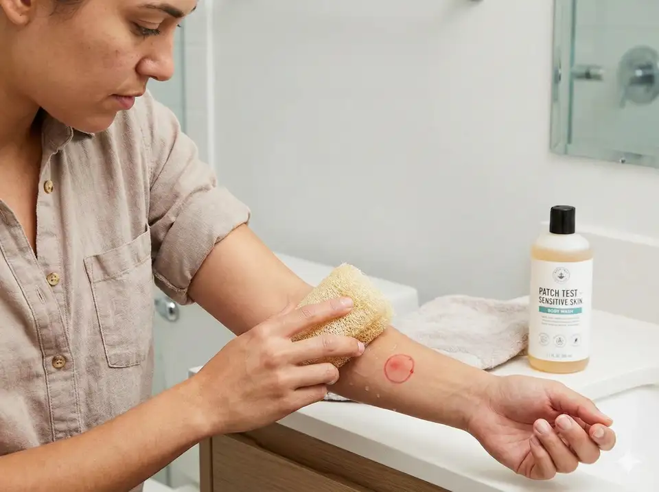 Performing patch test with loofah on inner arm