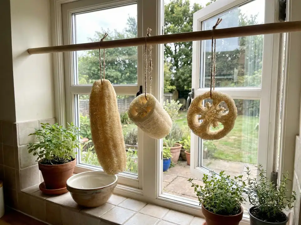 Bathroom window area with several loofahs hanging to dry in good airflow