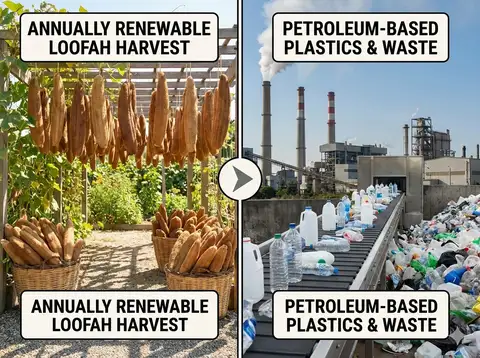 Garden with abundant loofah harvest demonstrating annually renewable sustainable crop