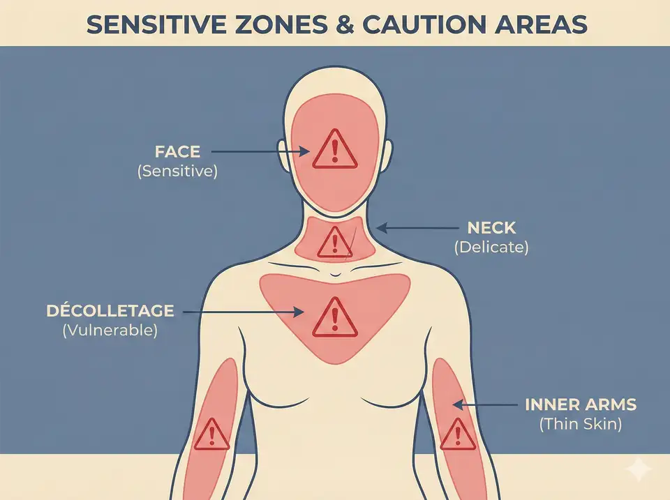 Body diagram showing areas to avoid or use extreme care