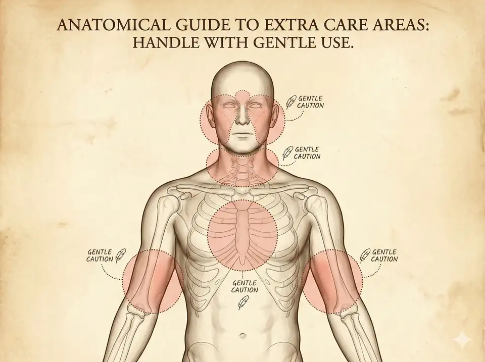 Body diagram highlighting sensitive areas like face, neck, and chest that require gentle pressure or should be avoided during loofah exfoliation