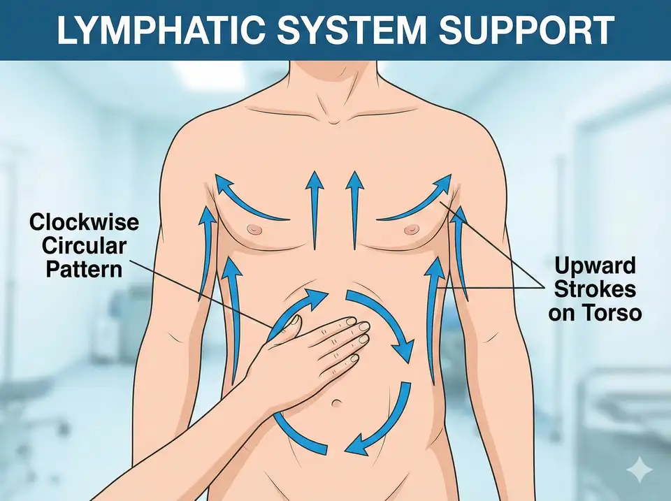 Gentle circular motions on abdomen and chest for lymph flow