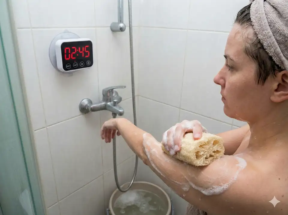 Quick shower routine using loofah efficiently with less water