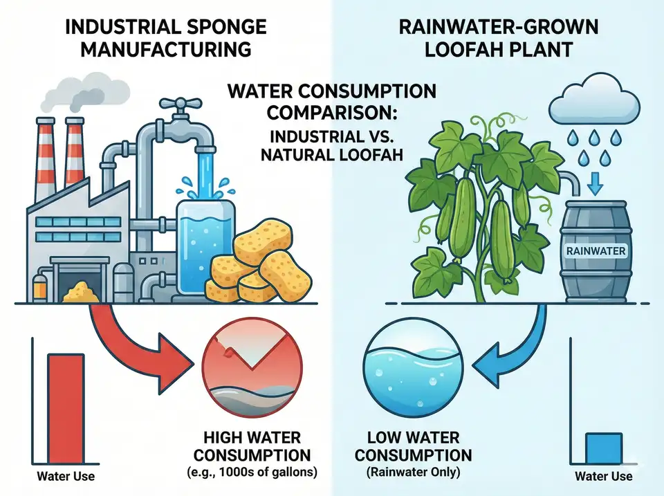 Infographic showing water consumption of industrial sponge manufacturing vs rainwater-grown loofah