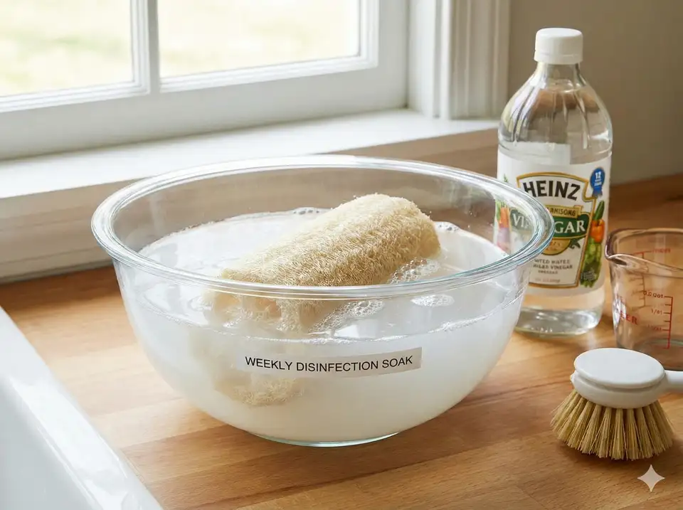 Glass bowl with loofah soaking in white vinegar water solution for natural disinfection