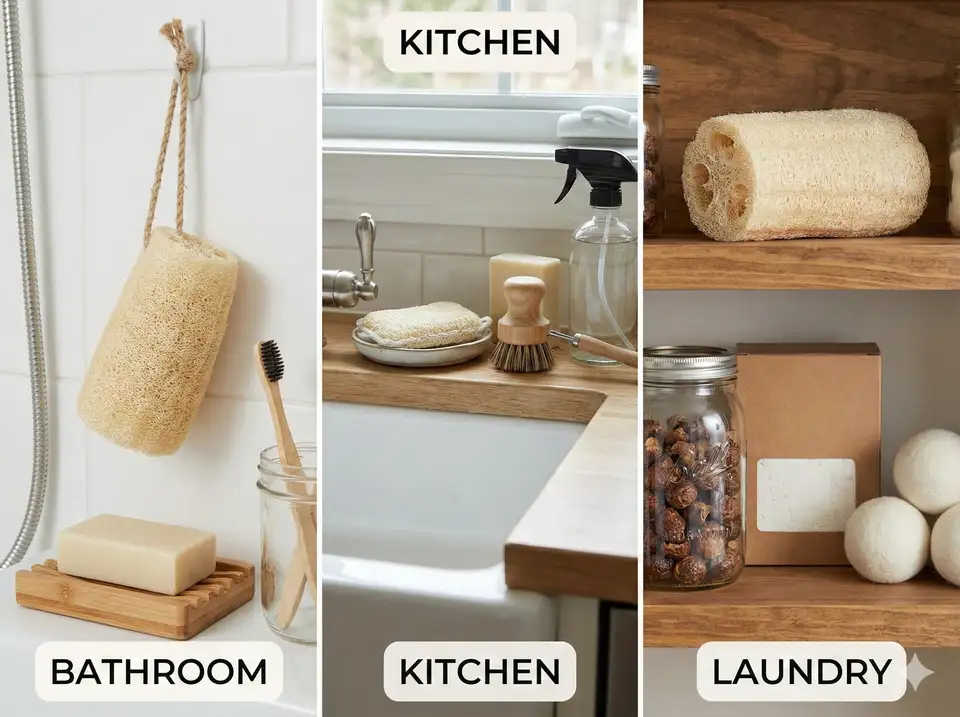 Multiple rooms showing loofah integrated into plastic-free lifestyle