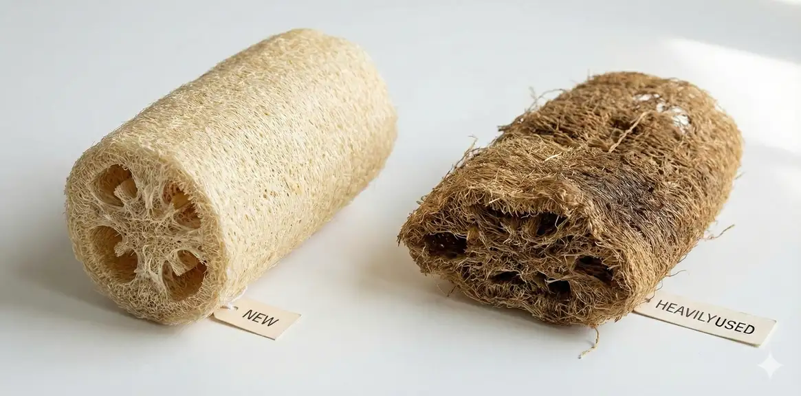 New loofah next to worn loofah needing replacement